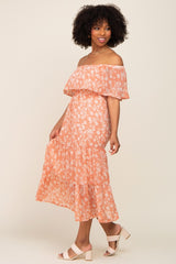 Salmon Floral Flounce Off Shoulder Midi Dress