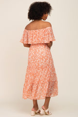 Salmon Floral Flounce Off Shoulder Midi Dress