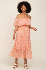 Salmon Floral Flounce Off Shoulder Midi Dress