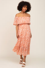 Salmon Floral Flounce Off Shoulder Midi Dress