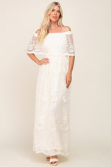 Cream Lace Mesh Overlay Off Shoulder Maternity Maxi Dress