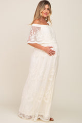 Cream Lace Mesh Overlay Off Shoulder Maternity Maxi Dress