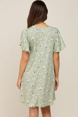 Sage Floral Flounce Sleeve Maternity Dress