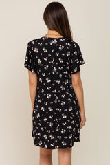 Black Floral Flounce Sleeve Maternity Dress