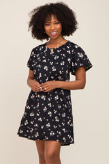 Black Floral Flounce Sleeve Dress