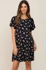 Black Floral Flounce Sleeve Maternity Dress