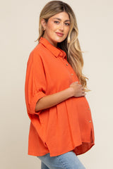 Orange Button Down Collared Maternity Top