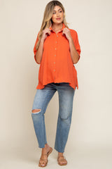 Orange Button Down Collared Maternity Top