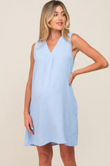 Light Blue Sleeveless Pocketed Maternity Dress