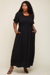 Black Smocked Short Sleeve Midi Dress