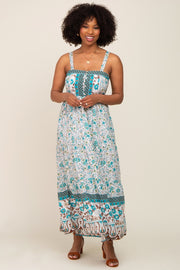 Teal Floral Button Accent Tiered Maxi Dress