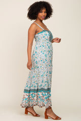 Teal Floral Button Accent Tiered Maxi Dress