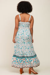 Teal Floral Button Accent Tiered Maxi Dress