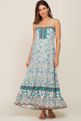 Teal Floral Button Accent Tiered Maternity Maxi Dress