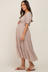 Taupe Swiss Dot Puff Sleeve Smocked Maternity Midi Dress