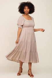 Taupe Swiss Dot Puff Sleeve Smocked Midi Dress