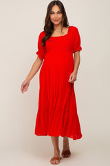 Red Swiss Dot Puff Sleeve Smocked Maternity Midi Dress