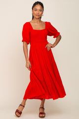 Red Swiss Dot Puff Sleeve Smocked Maternity Midi Dress