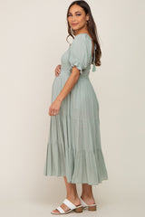 Mint Swiss Dot Puff Sleeve Smocked Maternity Midi Dress