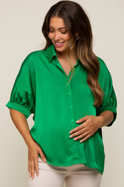 Green Satin Button Up Maternity Top