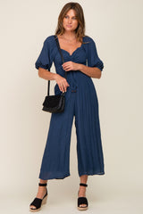 Navy Blue Smocked Drawstring Front Short Sleeve Jumpsuit