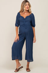 Navy Blue Smocked Drawstring Front Short Sleeve Maternity Jumpsuit