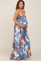 Blue Floral Front Ruffle Halter Maternity Maxi Dress