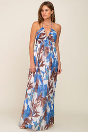 Blue Floral Front Ruffle Halter Maxi Dress