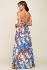 Blue Floral Front Ruffle Halter Maxi Dress