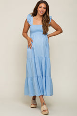 Light Blue Sleeveless Tiered Maternity Maxi Dress