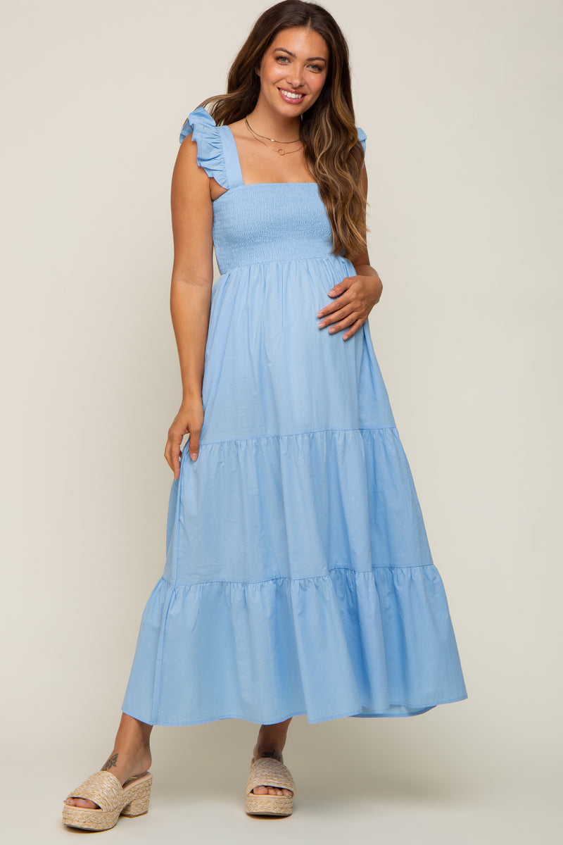 Light Blue Sleeveless Tiered Maternity Maxi Dress – PinkBlush