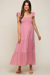 Pink Sleeveless Tiered Maternity Maxi Dress