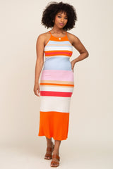 Orange Striped Soft Ribbed Cross Back Maxi Dress