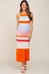 Orange Striped Soft Ribbed Cross Back Maternity Maxi Dress