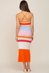 Orange Striped Soft Ribbed Cross Back Maternity Maxi Dress