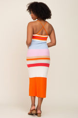 Orange Striped Soft Ribbed Cross Back Maxi Dress