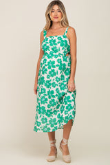 Green Floral Linen Square Neck Open Back Maternity Midi Dress