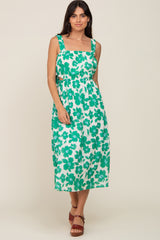 Green Floral Linen Square Neck Open Back Midi Dress