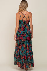 Black Floral Chiffon Criss Cross Back Tiered Maternity Maxi Dress