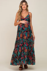 Black Floral Chiffon Criss Cross Back Tiered Maternity Maxi Dress