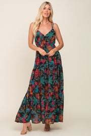 Black Floral Chiffon Criss Cross Back Tiered Maxi Dress