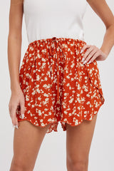 Rust Floral Scalloped Drawstring Shorts