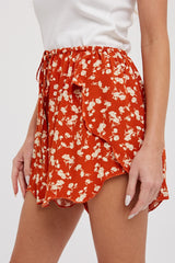 Rust Floral Scalloped Drawstring Shorts