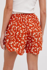 Rust Floral Scalloped Drawstring Shorts