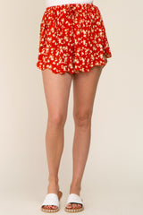 Rust Floral Scalloped Drawstring Shorts