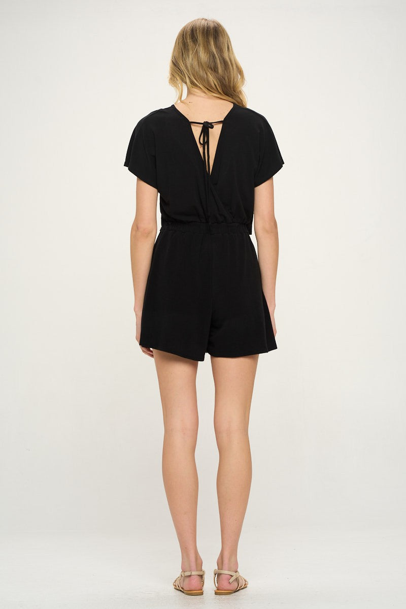 Black Short Sleeve Open-Back Romper