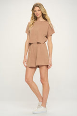 Camel Short Sleeve Open Back French Terry Romper