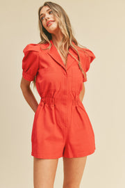 Red Puff Sleeve Denim Romper