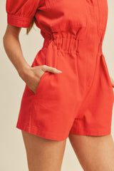 Red Puff Sleeve Denim Romper