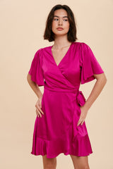 Orchid Satin Ruffle Wrap Dress